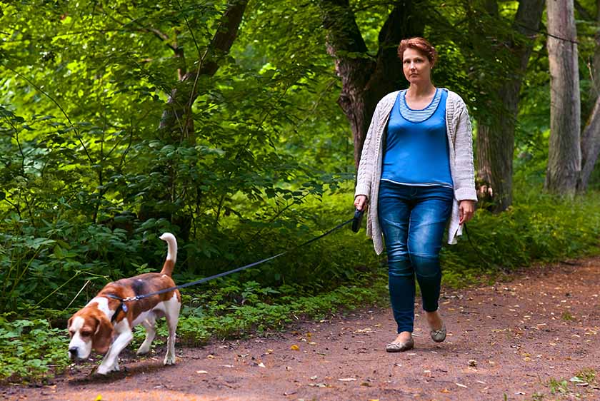 Middle aged woman taking dog for a walk