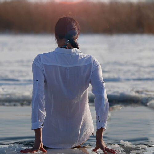 woman about to swim in ice water